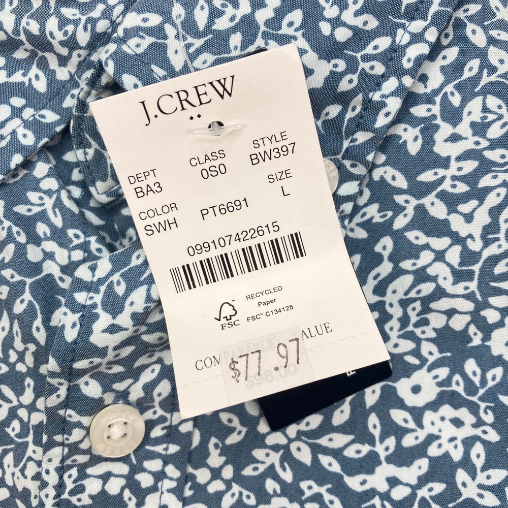 NEW J. Crew Men L Button Down Shirt Blue Floral Performance Washed Slim Untucked - Picture 7 of 10